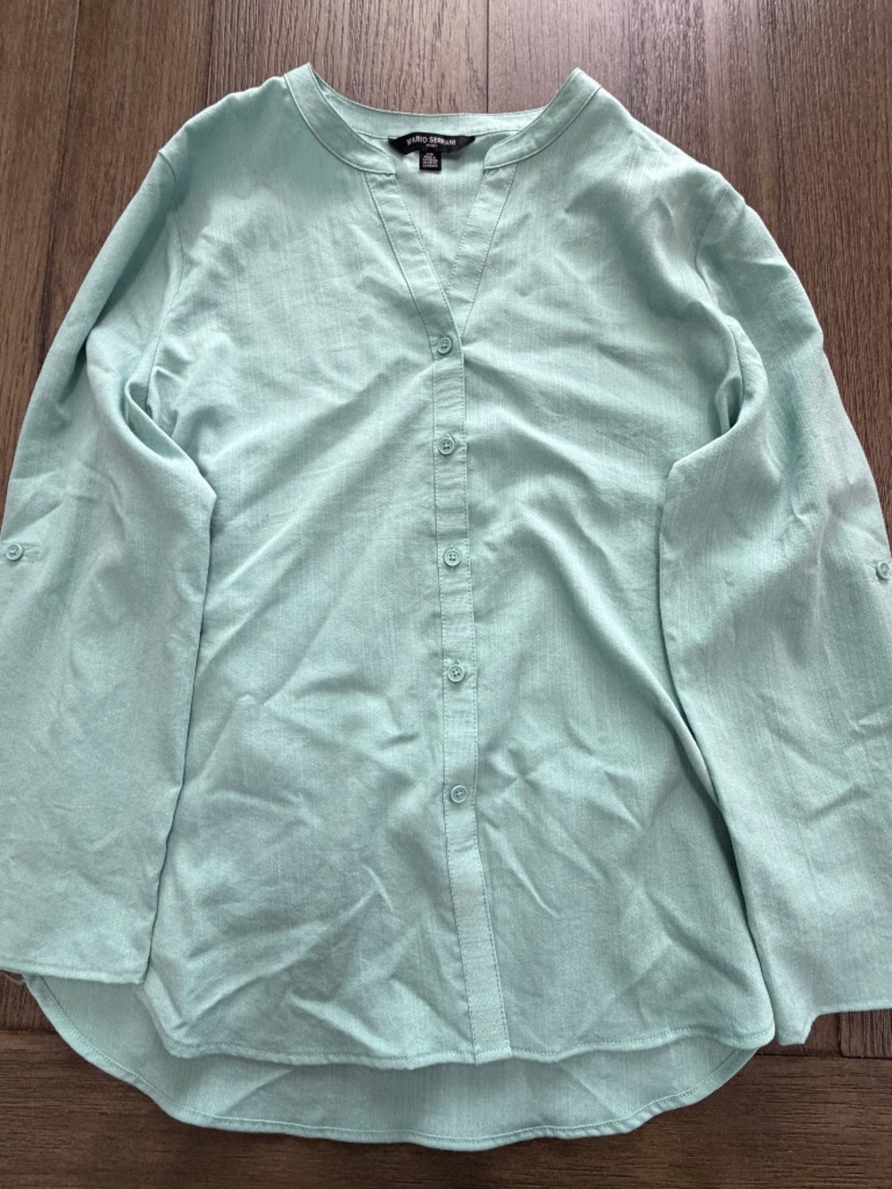 Mario Serrani Italy Mint Green Button Front Roll Tab Blouse M